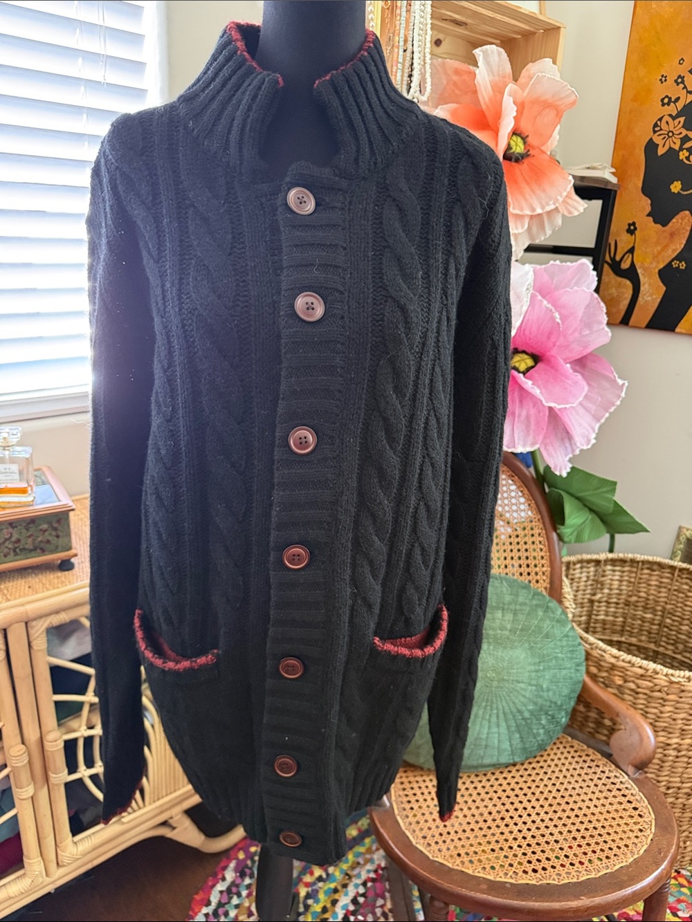 NWT Loft 604 Black 100% Wool Fisherman Cable Knit Button Up Cardigan Sweater